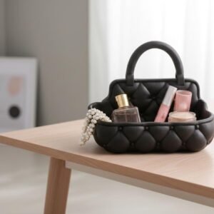 Quilted Handbag Vanity Tray with Handle - Chic Makeup Organizer & Jewelry Catch-All - Modern Decorative Desk Tray